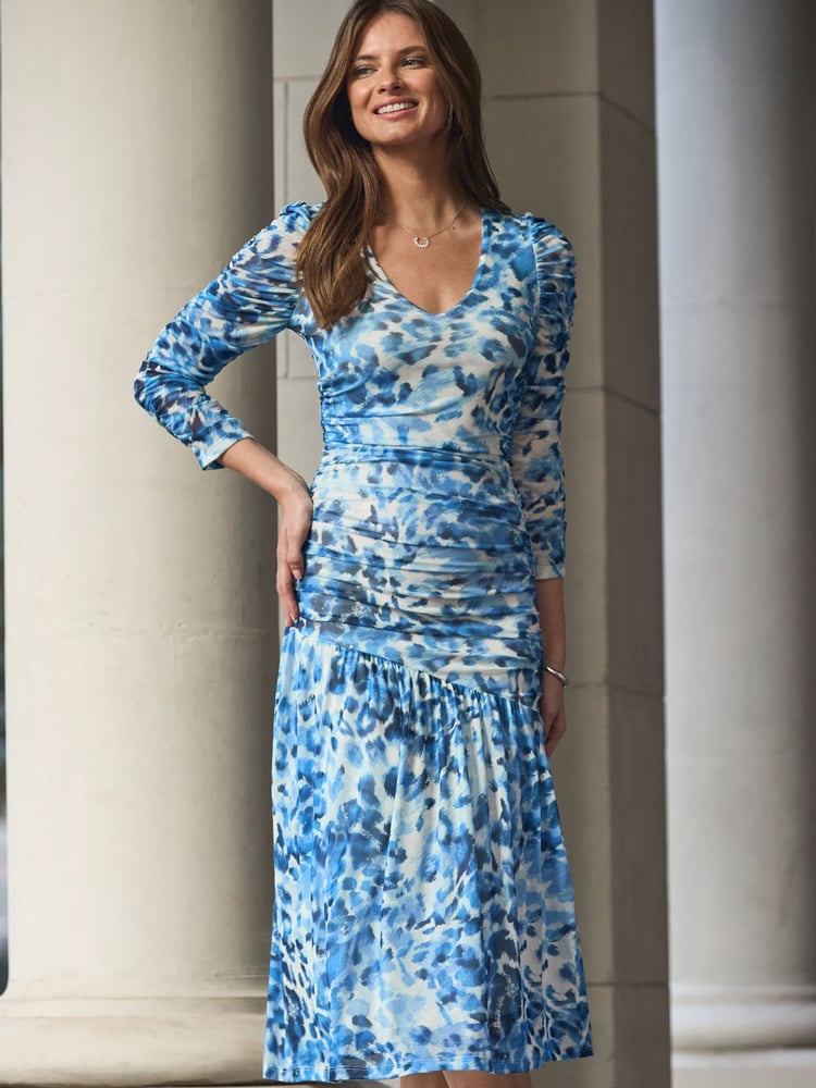 Sosandar Blue Leopard Print Ruffle Front Midi Dress - Image 2 of 5