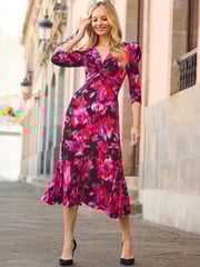 Sosandar Pink Floral Print Twist Front Dress - Image 1 of 4
