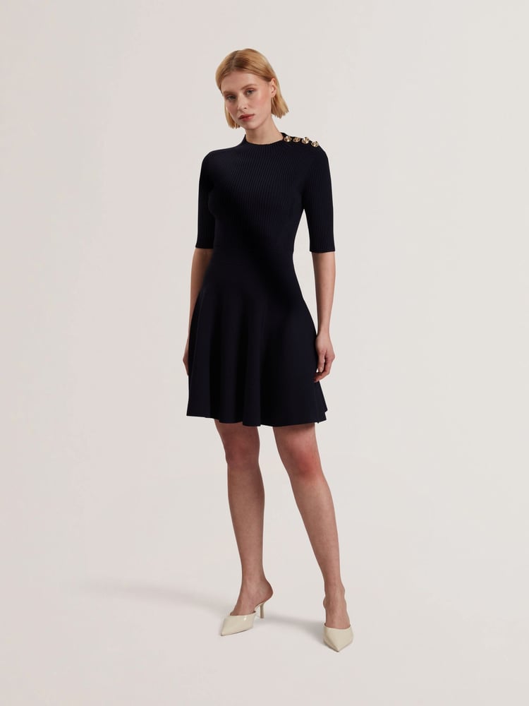 Ted Baker Blue Lilano Ribbed Knit Button Detail Skater Dress - Image 1 of 5