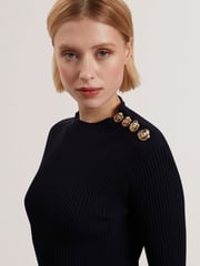 Ted Baker Blue Lilano Ribbed Knit Button Detail Skater Dress - Image 3 of 5