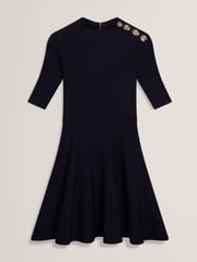 Ted Baker Blue Lilano Ribbed Knit Button Detail Skater Dress - Image 4 of 5