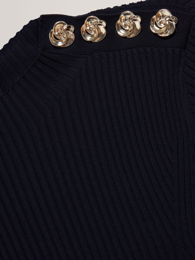 Ted Baker Blue Lilano Ribbed Knit Button Detail Skater Dress - Image 5 of 5