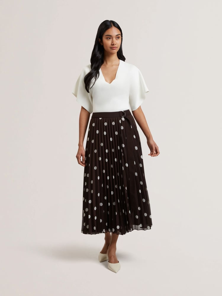 Ted Baker Brown Ereo Polka Dot Pleated Midi Skirt - Image 1 of 6