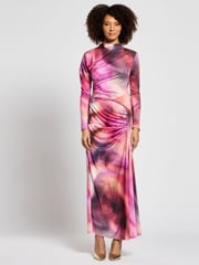Daska Pink Leo Maxi Dress With Long Sleeves And Side Ruched Detail - Image 1 of 4