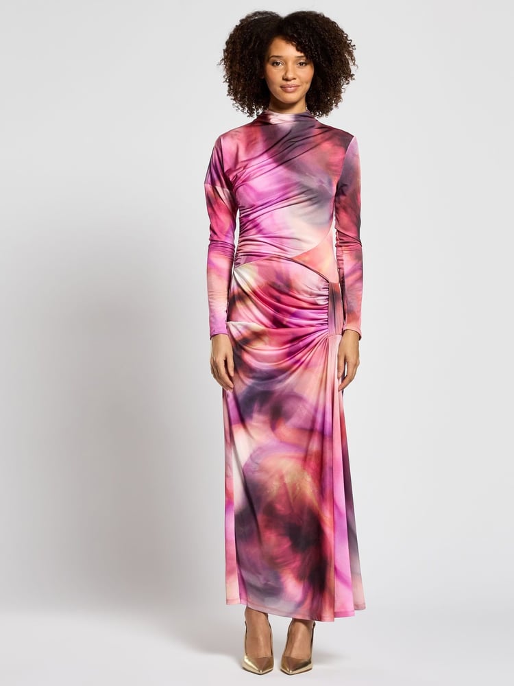 Daska Pink Leo Maxi Dress With Long Sleeves And Side Ruched Detail - Image 1 of 4 Daska Pink Leo Maxi Dress With Long Sleeves And Side Ruched Detail - Image 1 of 4