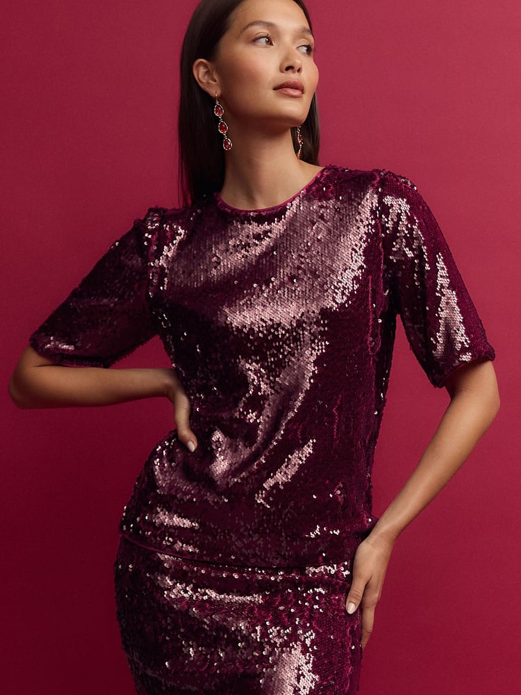 Burgundy Red Sequin T-Shirt - Image 1 of 7
