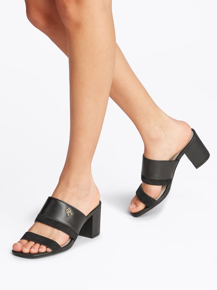 Tommy Hilfiger Black Leather And Suede Block Heeled Mules - Image 1 of 6
