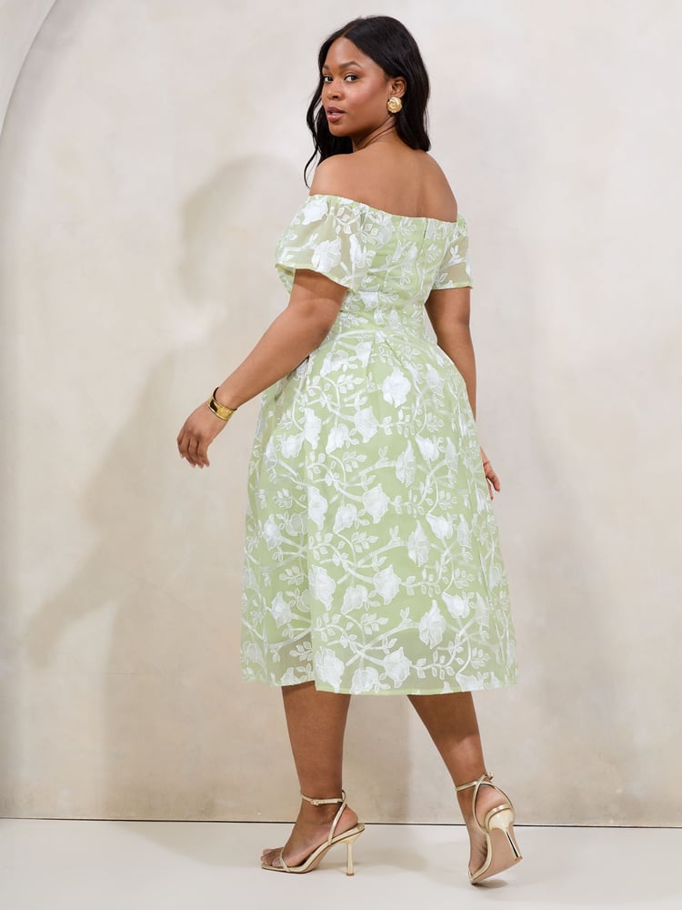 Lipsy Green Curve Premium Floral Embroidered Bardot Midi Prom Dress - Image 5 of 5