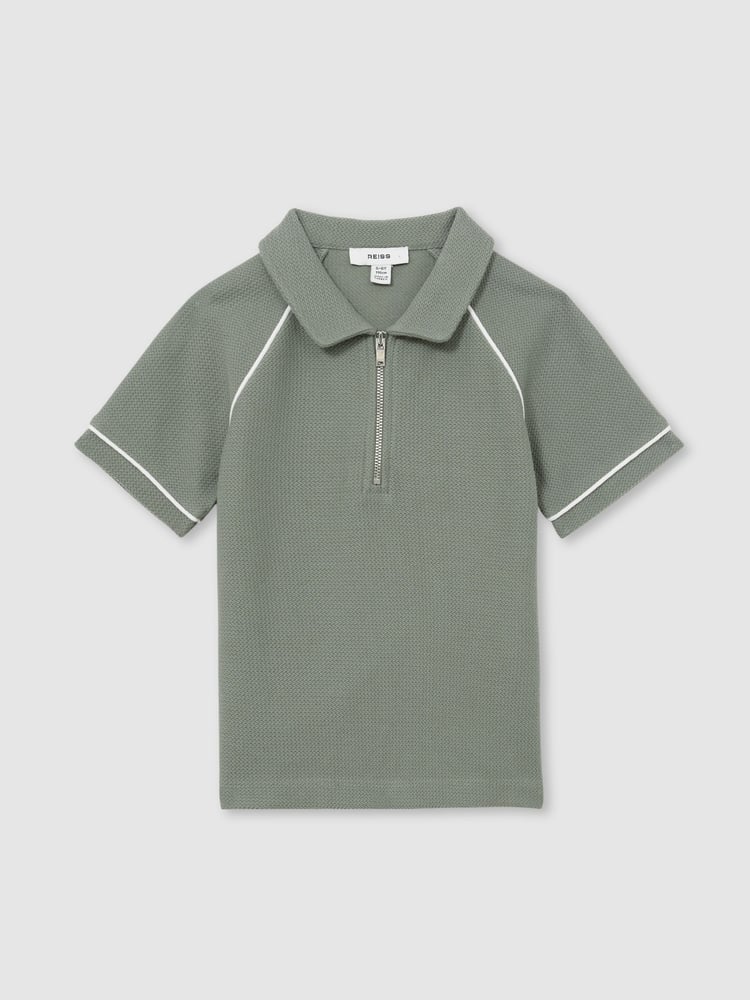 Reiss Sage Green Lolland Cotton Textured Half Zip Polo Shirt - Image 1 of 4