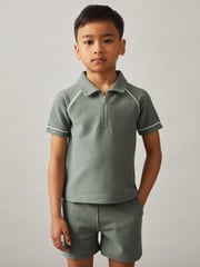 Reiss Sage Green Lolland Cotton Textured Half Zip Polo Shirt - Image 2 of 4