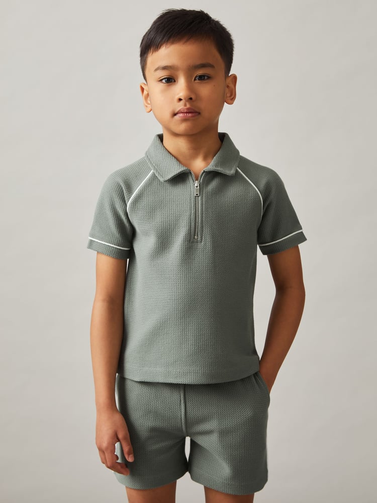 Reiss Sage Green Lolland Cotton Textured Half Zip Polo Shirt - Image 2 of 4