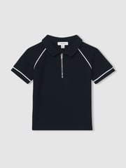 Reiss Navy Lolland Cotton Textured Half Zip Polo Shirt - Image 1 of 4