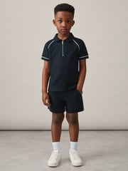 Reiss Navy Lolland Cotton Textured Half Zip Polo Shirt - Image 2 of 4