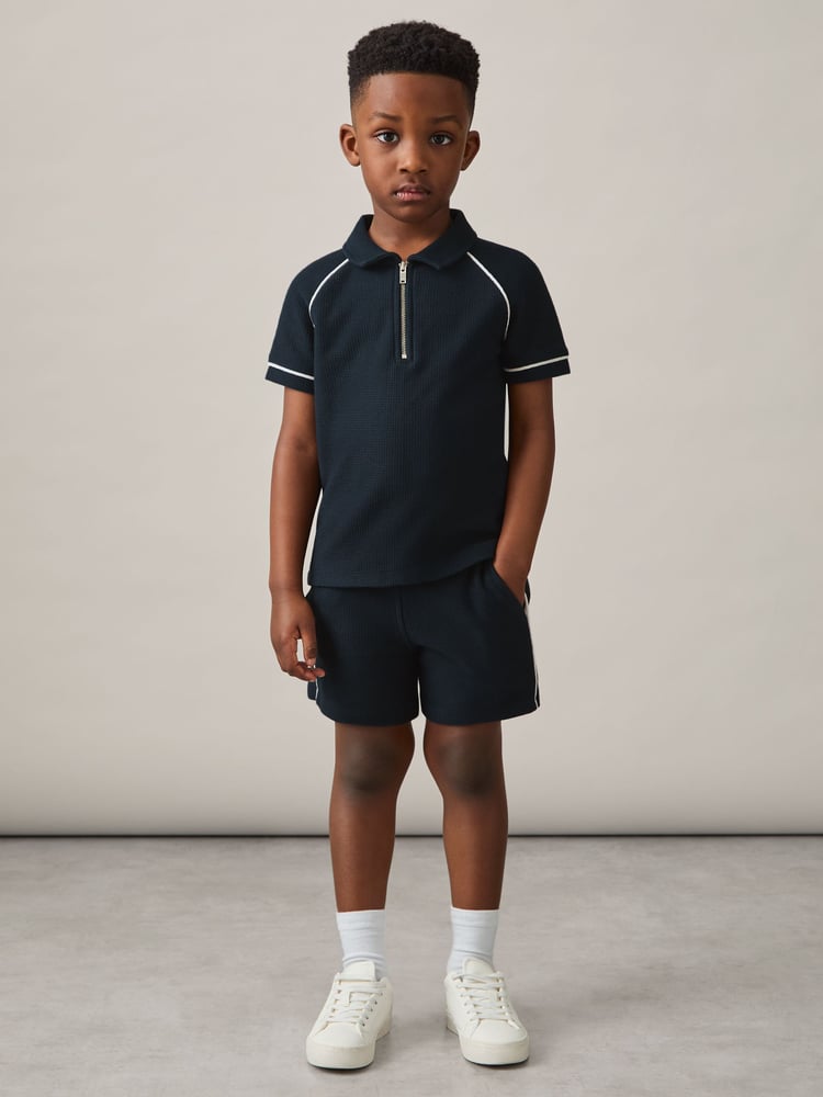 Reiss Navy Lolland Cotton Textured Half Zip Polo Shirt - Image 2 of 4