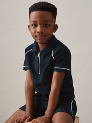 Reiss Navy Lolland Cotton Textured Half Zip Polo Shirt - Image 3 of 4