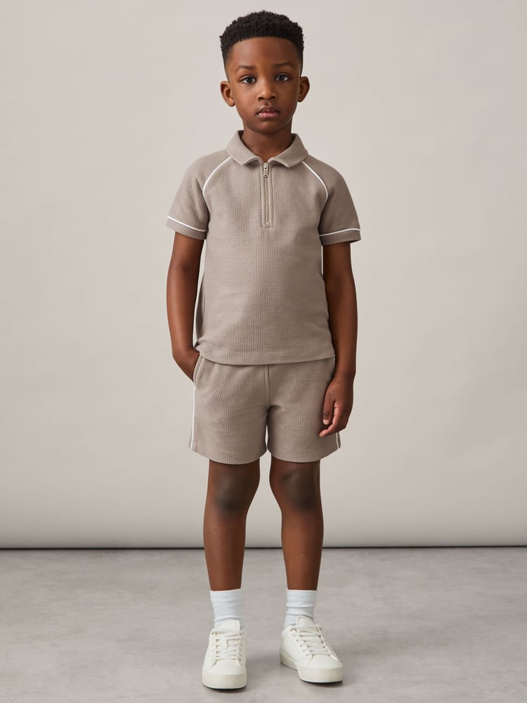 Reiss Mink Brown Lolland Cotton Textured Half Zip Polo Shirt - Image 2 of 4