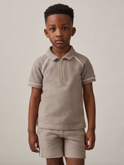 Reiss Mink Brown Lolland Cotton Textured Half Zip Polo Shirt - Image 3 of 4
