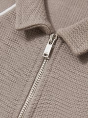 Reiss Mink Brown Lolland Cotton Textured Half Zip Polo Shirt - Image 4 of 4