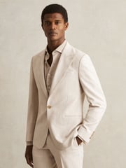 Reiss Oatmeal/White Kai Slim Fit Single Breasted Pinstripe Suit Blazer - Image 1 of 9