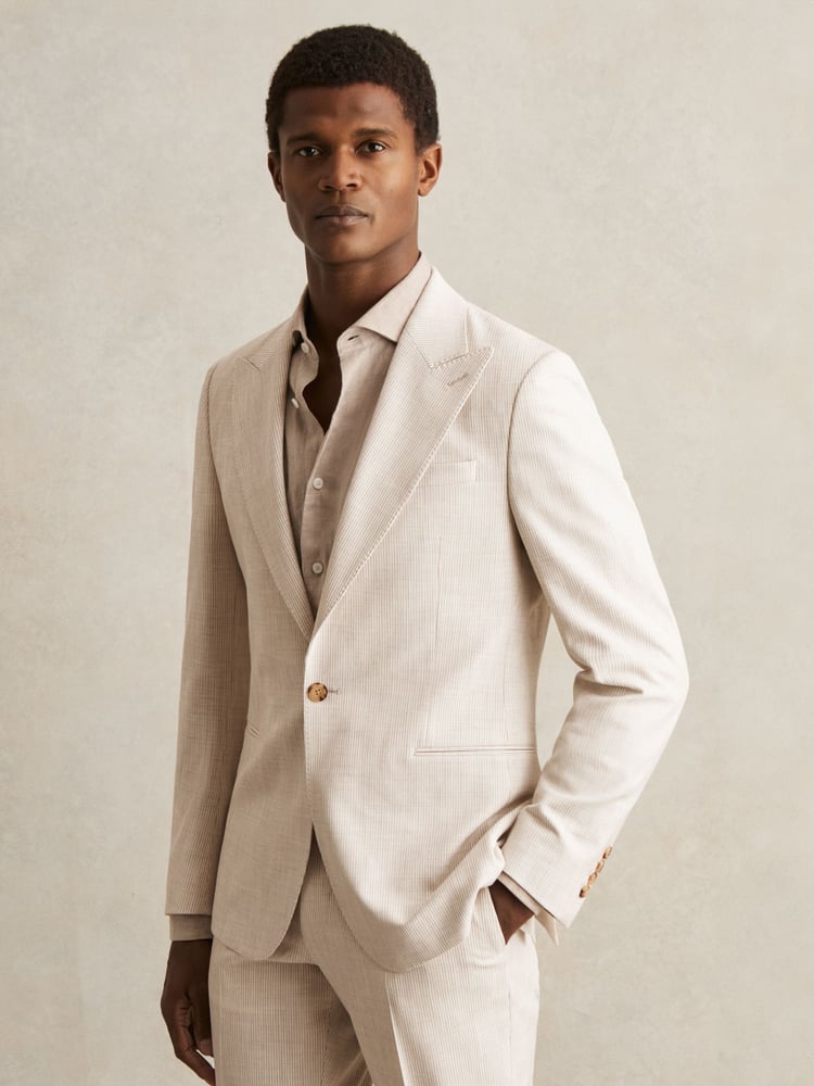 Reiss Oatmeal/White Kai Slim Fit Single Breasted Pinstripe Suit Blazer - Image 1 of 9