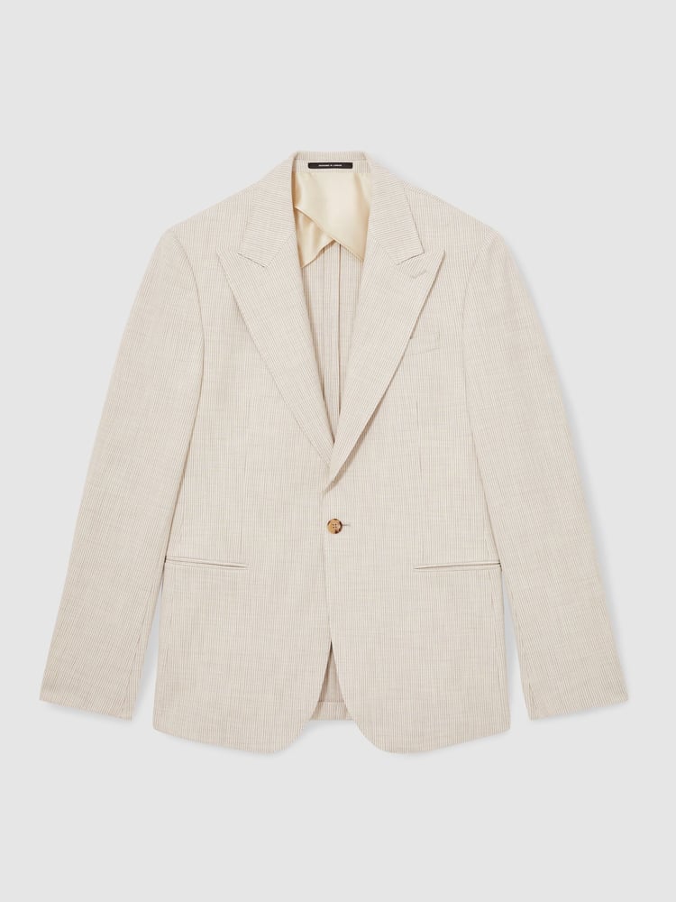 Reiss Oatmeal/White Kai Slim Fit Single Breasted Pinstripe Suit Blazer - Image 2 of 9