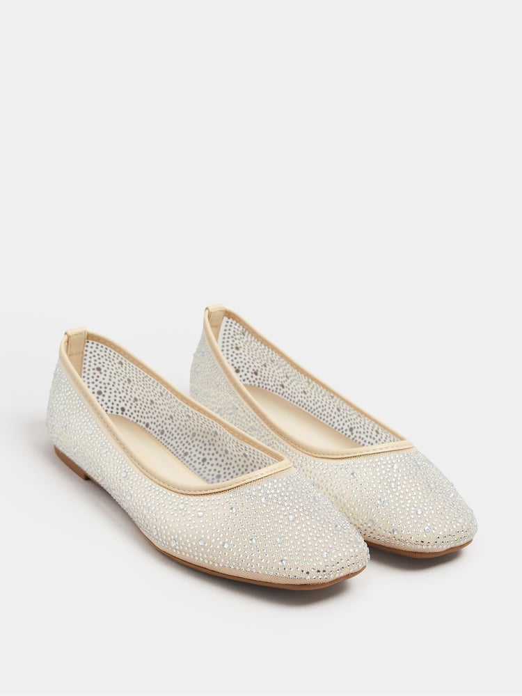 Yours Curve Nude Wide Fit Mesh Diamante Ballet Pumps - Image 2 of 5