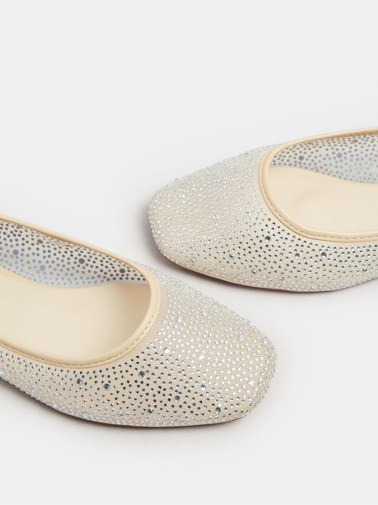 Yours Curve Nude Wide Fit Mesh Diamante Ballet Pumps - Image 5 of 5