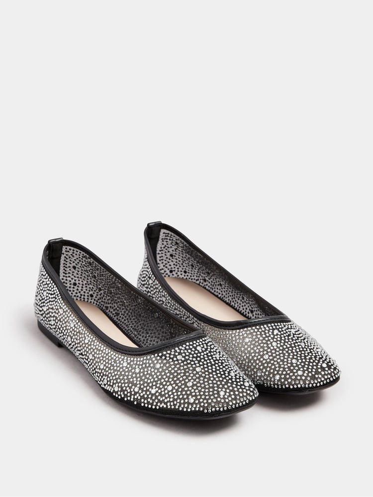 Yours Curve Black Wide Fit Mesh Diamante Ballet Pumps - Image 2 of 5