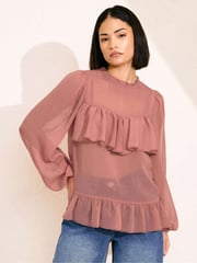 PixieGirl Petite Pink Chiffon Frill Blouses - Image 1 of 6