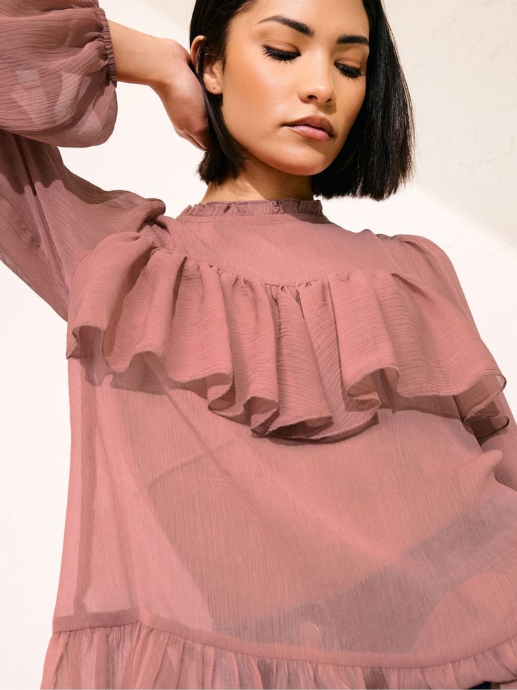 PixieGirl Petite Pink Chiffon Frill Blouses - Image 2 of 6