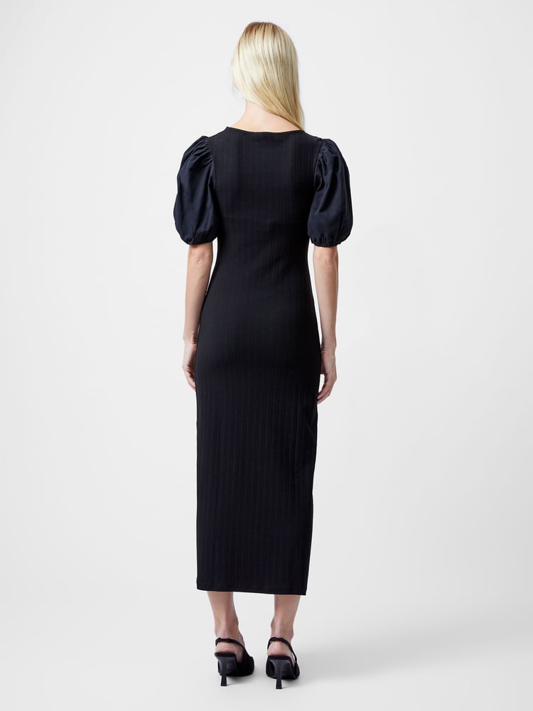 French Connection Black Sasia Rib Puff Midi Dress - Image 2 of 4