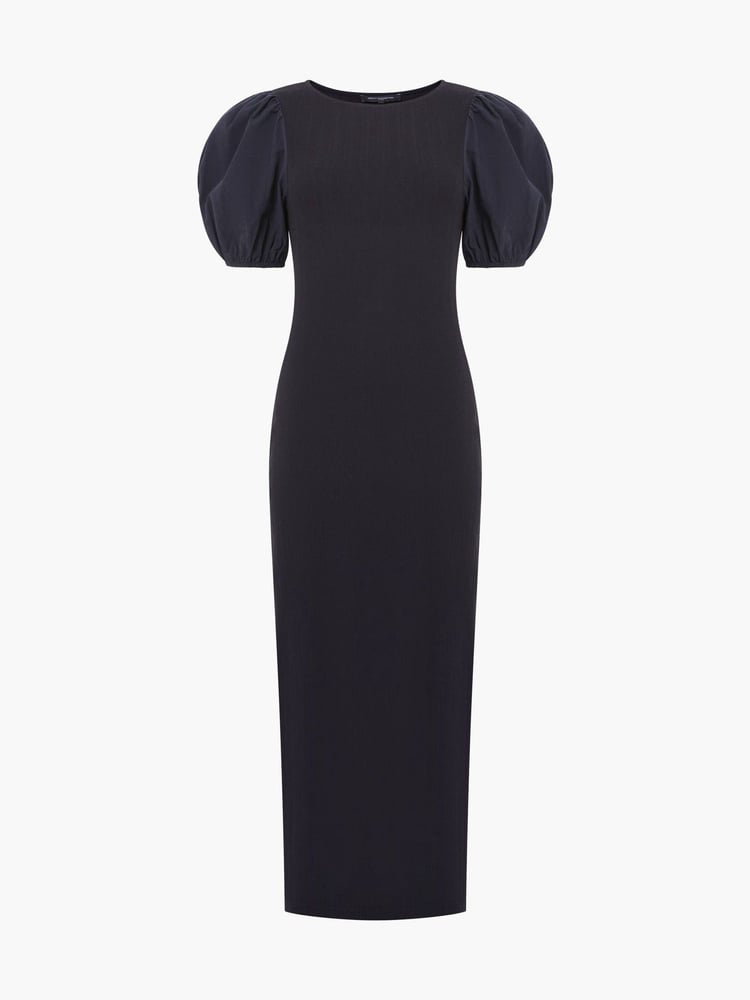 French Connection Black Sasia Rib Puff Midi Dress - Image 4 of 4
