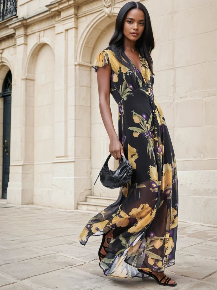 Religion Yellow Indium Maxi Dress With Button Thru Detail And Cap Sleeves - Image 1 of 5