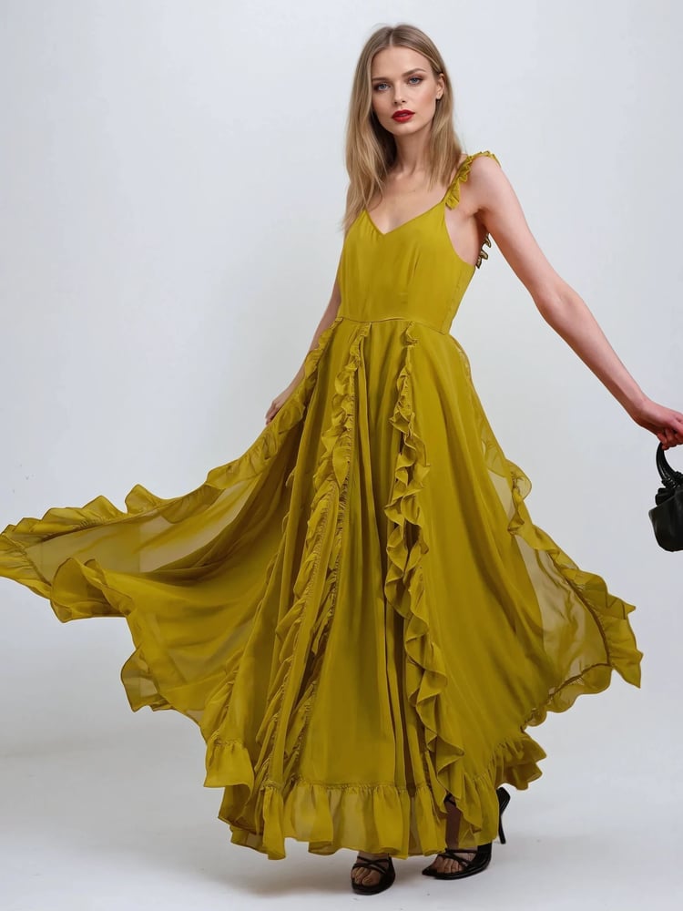 Religion Yellow Kate Maxi Dress With Frills And Spaghetti Straps - Image 1 of 6