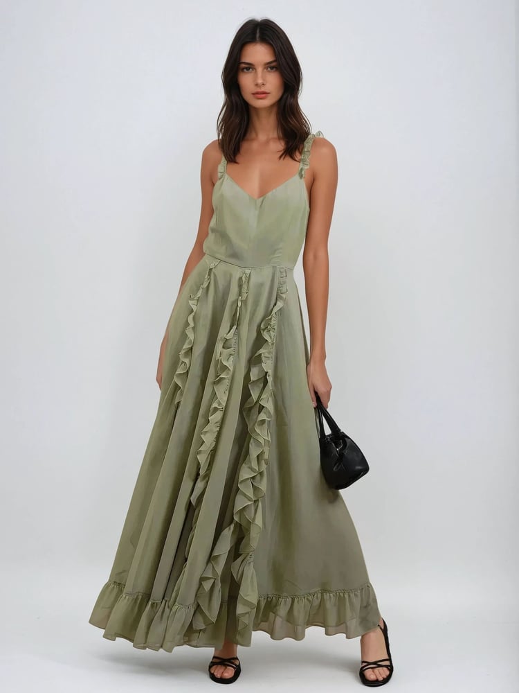 Religion Green Kate Maxi Dress With Frills And Spaghetti Straps - Image 1 of 6