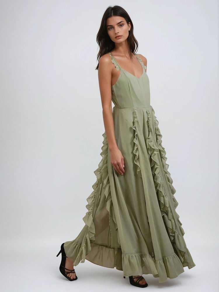 Religion Green Kate Maxi Dress With Frills And Spaghetti Straps - Image 2 of 6
