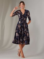 Jolie Moi Brown Mesh Wrap Midi Dress - Image 1 of 6