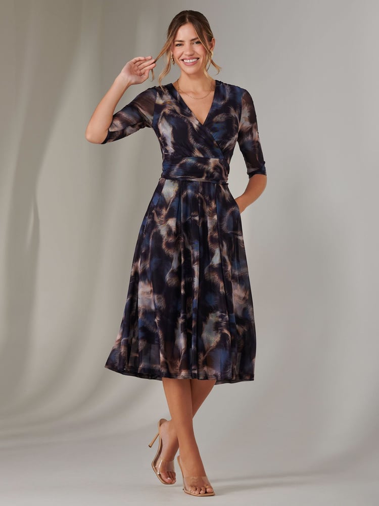 Jolie Moi Brown Mesh Wrap Midi Dress - Image 1 of 6