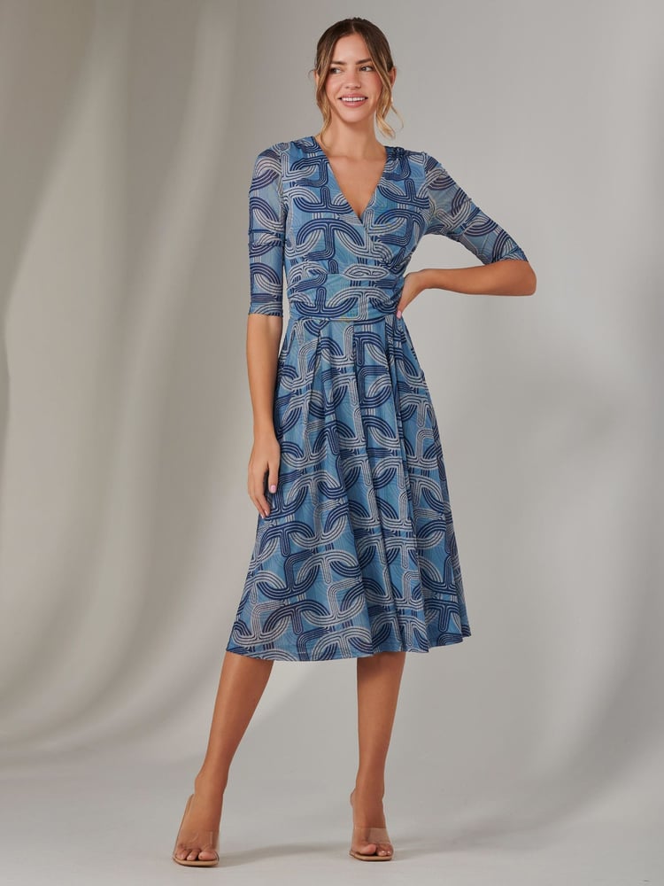 Jolie Moi Blue Mesh Wrap Midi Dress - Image 1 of 6