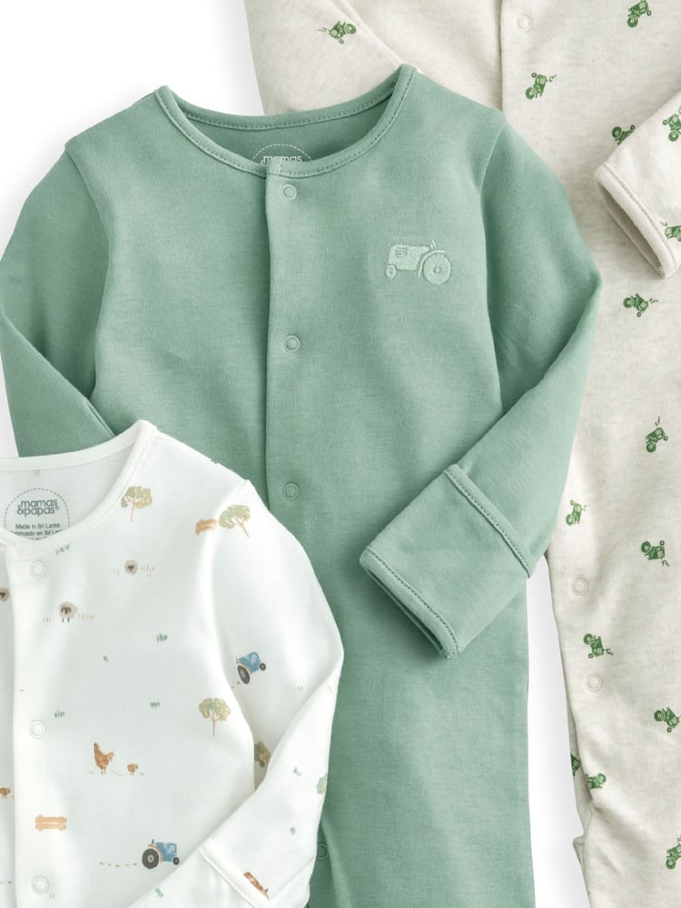 Mamas & Papas Green 100% Cotton Farmyard Sleepsuits 3 Pack - Image 2 of 2