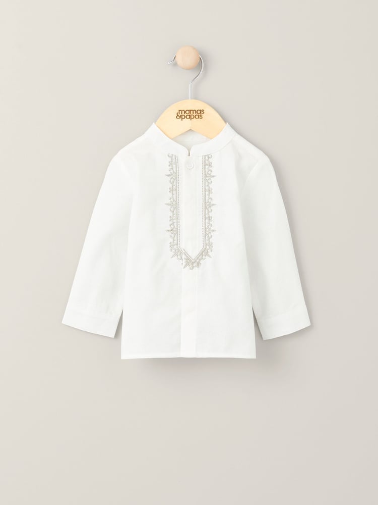 Mamas & Papas Eid Embroidered Long Sleeve 100% Cotton White Shirt - Image 1 of 3