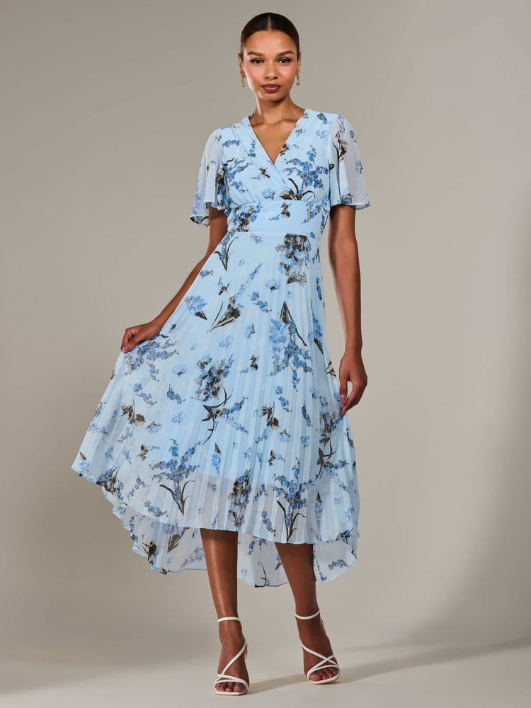 Jolie Moi Blue Angel Sleeve Pleated Chiffon Maxi Dress - Image 1 of 6