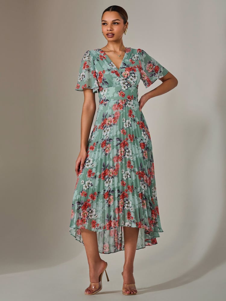 Jolie Moi Green Angel Sleeve Pleated Chiffon Maxi Dress - Image 6 of 6