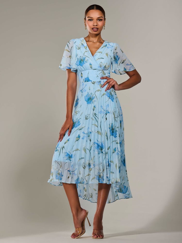 Jolie Moi Light Blue Angel Sleeve Pleated Chiffon Maxi Dress - Image 6 of 6