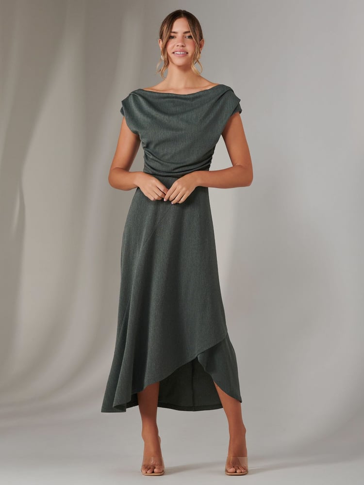 Jolie Moi Green Asymmetric Drape Midi Dress - Image 6 of 6