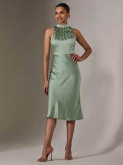 Jolie Moi Green Satin Halter Neck Midi Dress - Image 1 of 6