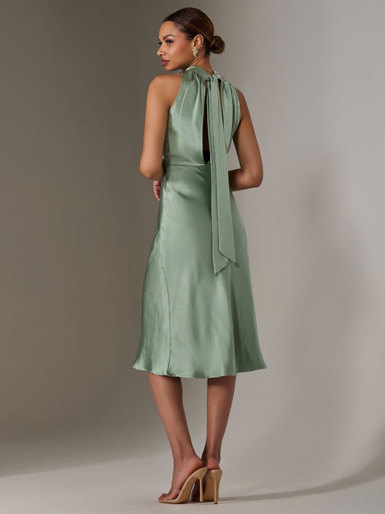 Jolie Moi Green Satin Halter Neck Midi Dress - Image 2 of 6