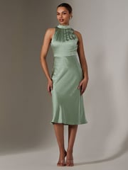 Jolie Moi Green Satin Halter Neck Midi Dress - Image 5 of 6