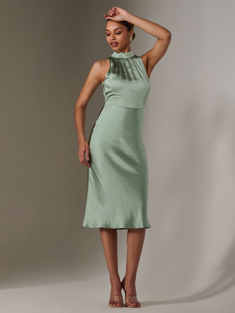 Jolie Moi Green Satin Halter Neck Midi Dress - Image 6 of 6