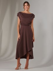 Jolie Moi Brown Asymmetric Drape Midi Dress - Image 1 of 6